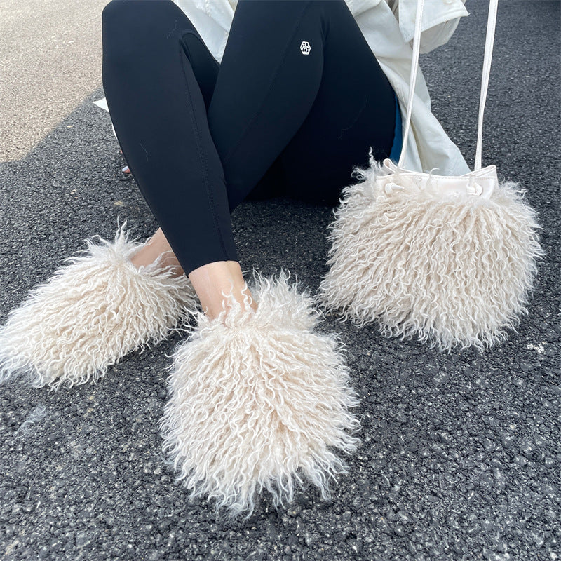 Wholesale Faux Wool Plush Slipper Handheld Shoulder Bag Set